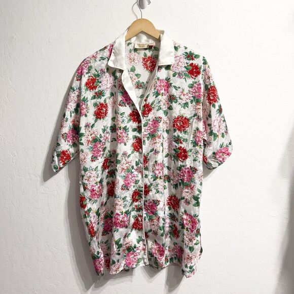 Victorias Secret Gold Label Sleep Shirt M/L Pink Red Floral Satin Short Sleeve - Picture 1 of 6